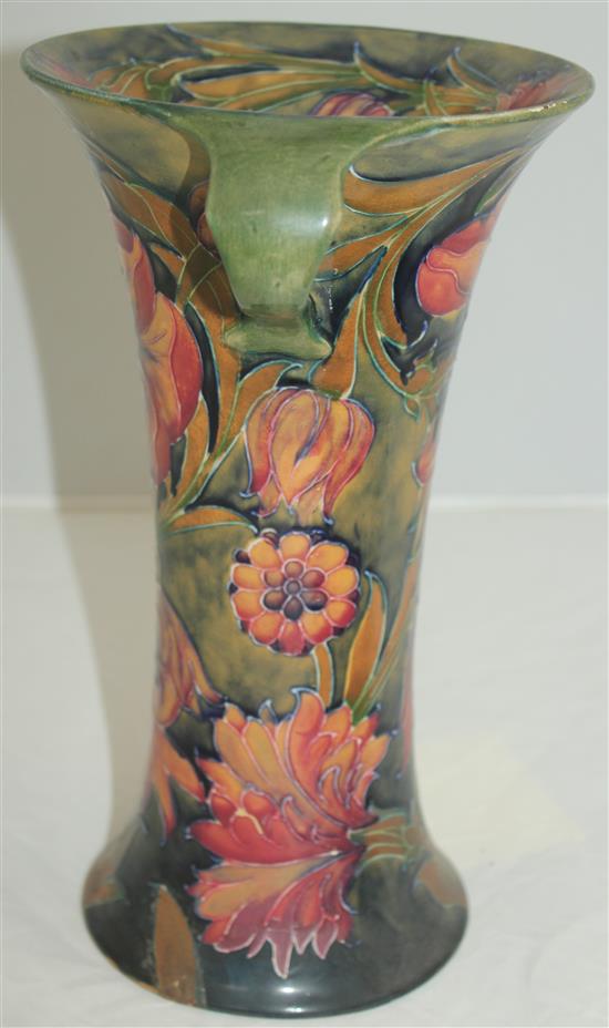 A William Moorcroft Spanish pattern tall two handled vase, c.1917, 27cm, section of foot restored